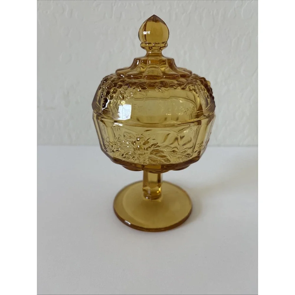 Vintage Amber Glass Candy Dish With Lid Pedestal